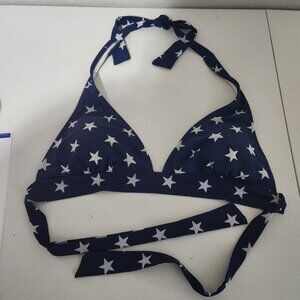 Womens Navy Blue Bikini Top With White Stars Halter Tie Style Triangle Cups Swim